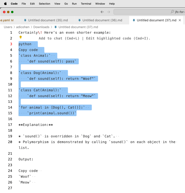 IDE view of a Markdown file with broken code blocks ready to be replaced with original ChatGPT content.